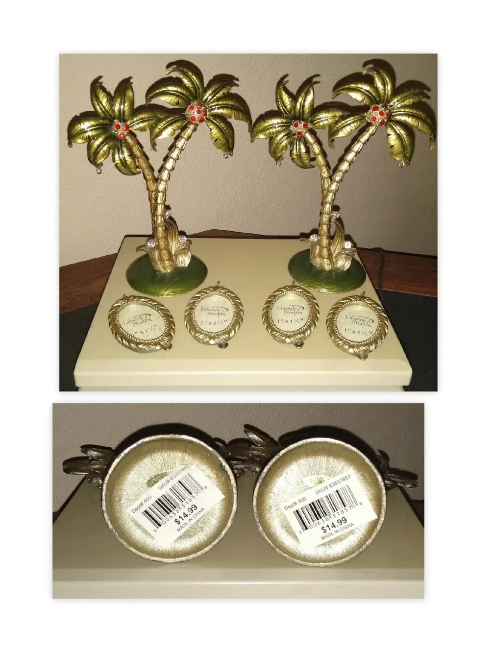 PAIR OF BRASS PALM TREE SCULPTURES W/HANGING RHINESTONE FRAMES